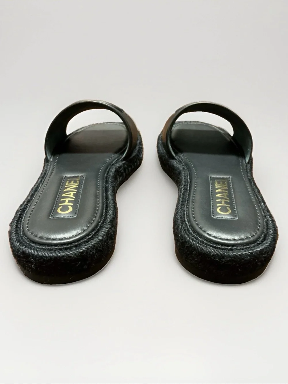 Chanel 23C Black Lambskin Leather CC Logo Slide Sandal Slip Espadrille Flat 38